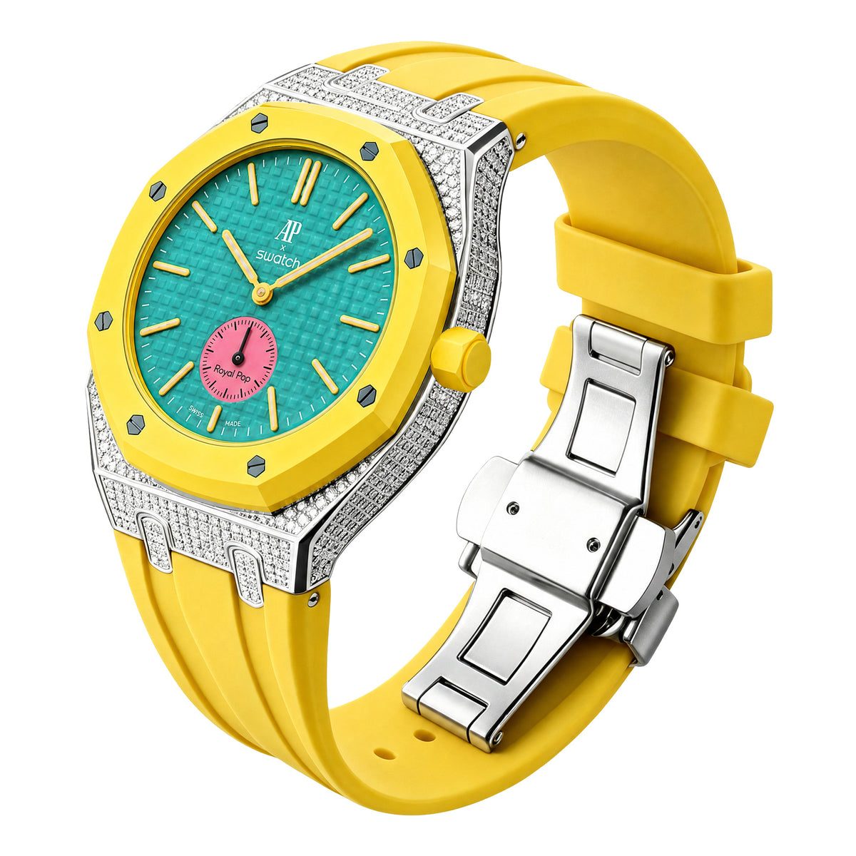 AP Collaboration Swatch Diamond-Encrusted Stainless Steel Royal Oak Royal Pop Modified Case Set